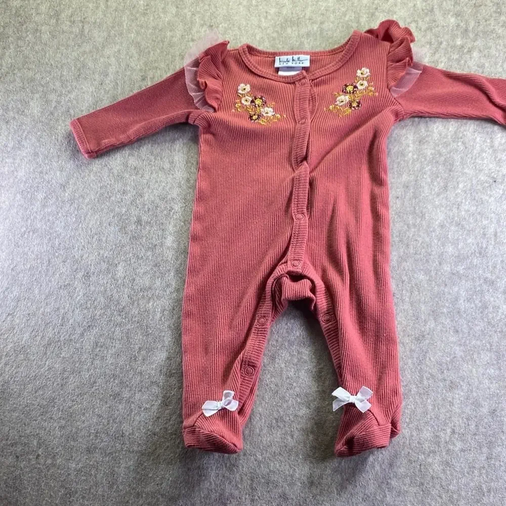 Nicole Miller Coral Baby Footie with Floral and Ruffle details Size 3-6 months